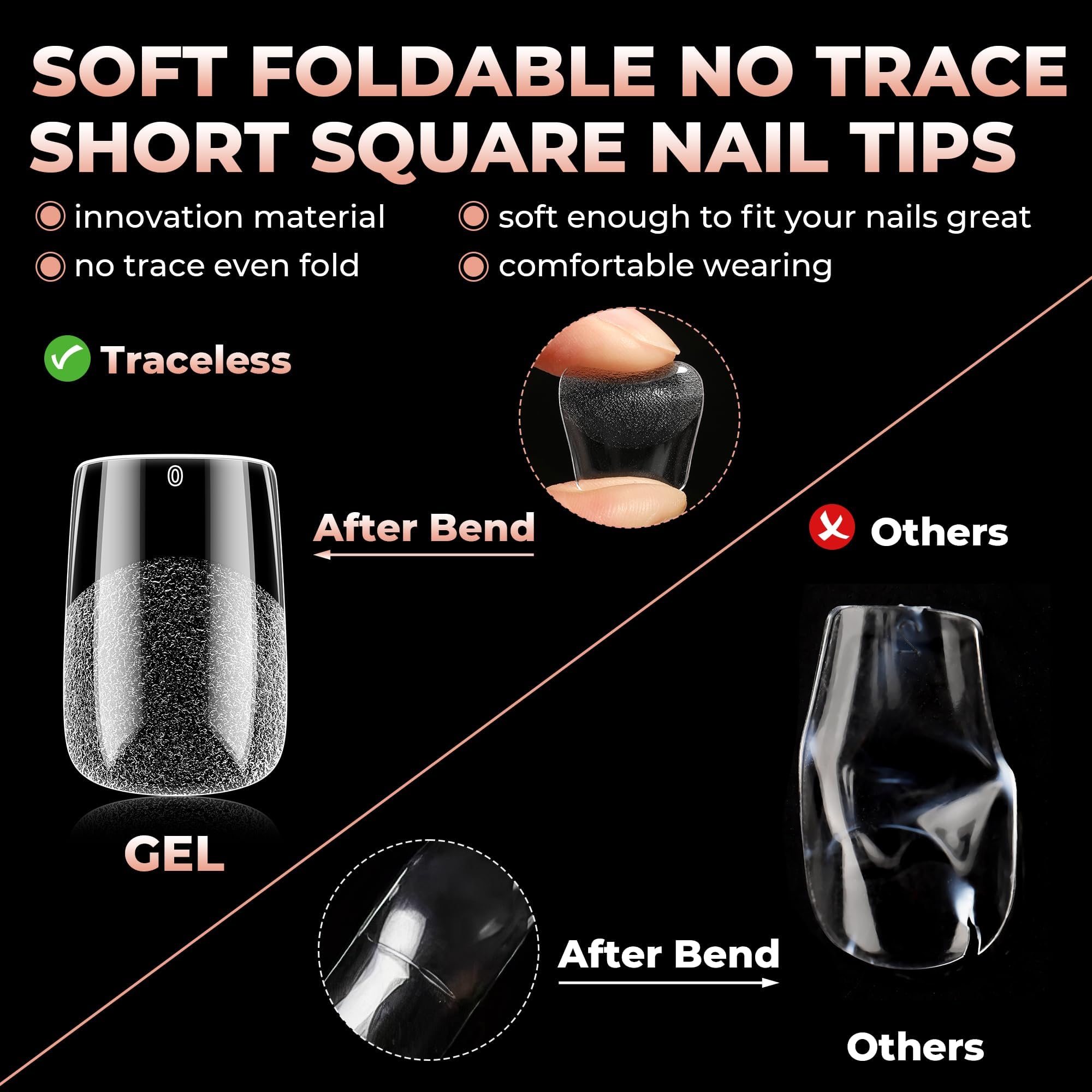 UNA GELLA press-on tips applied for natural short square appearance