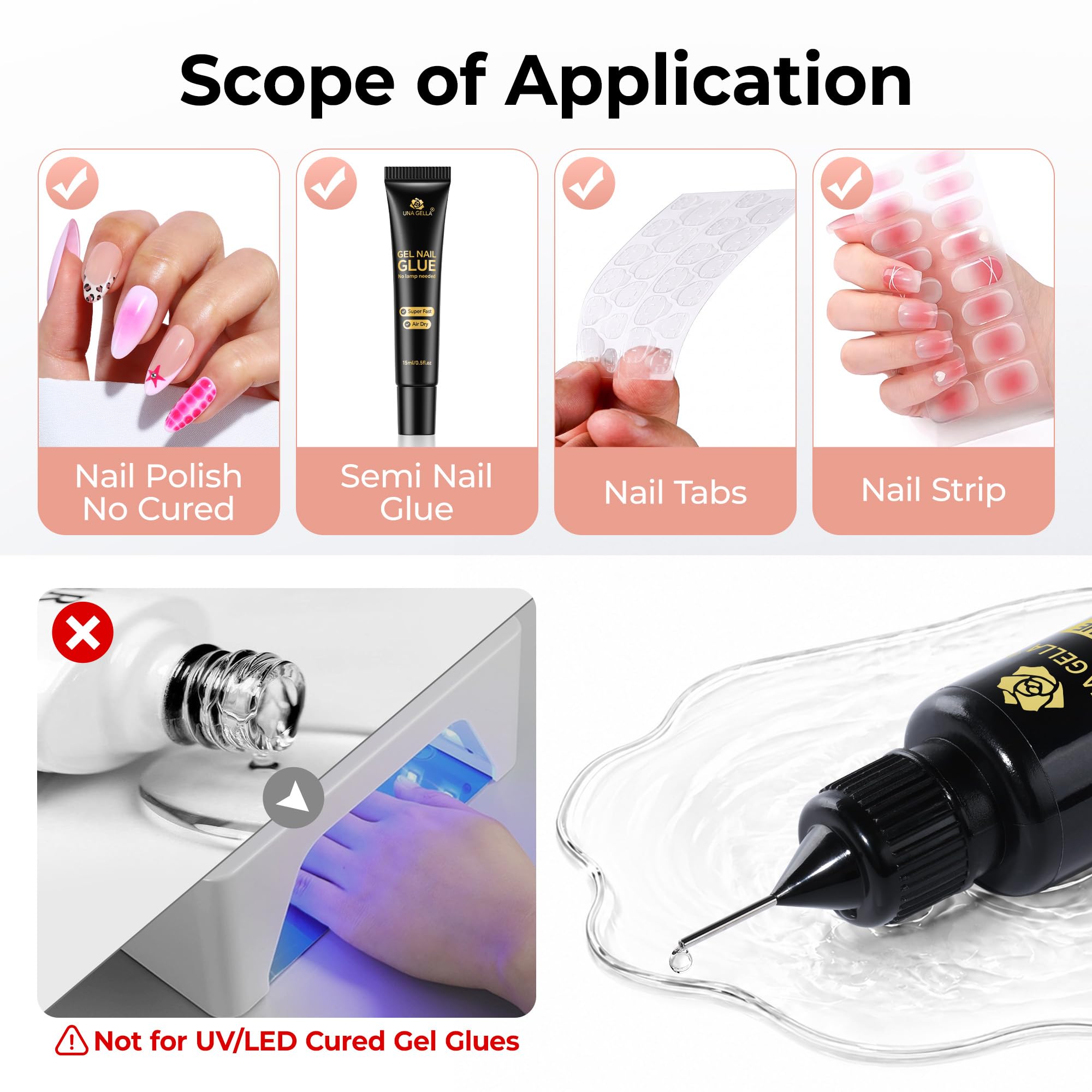 UNA GELLA pinpoint applicator detail enabling accurate adhesive targeting