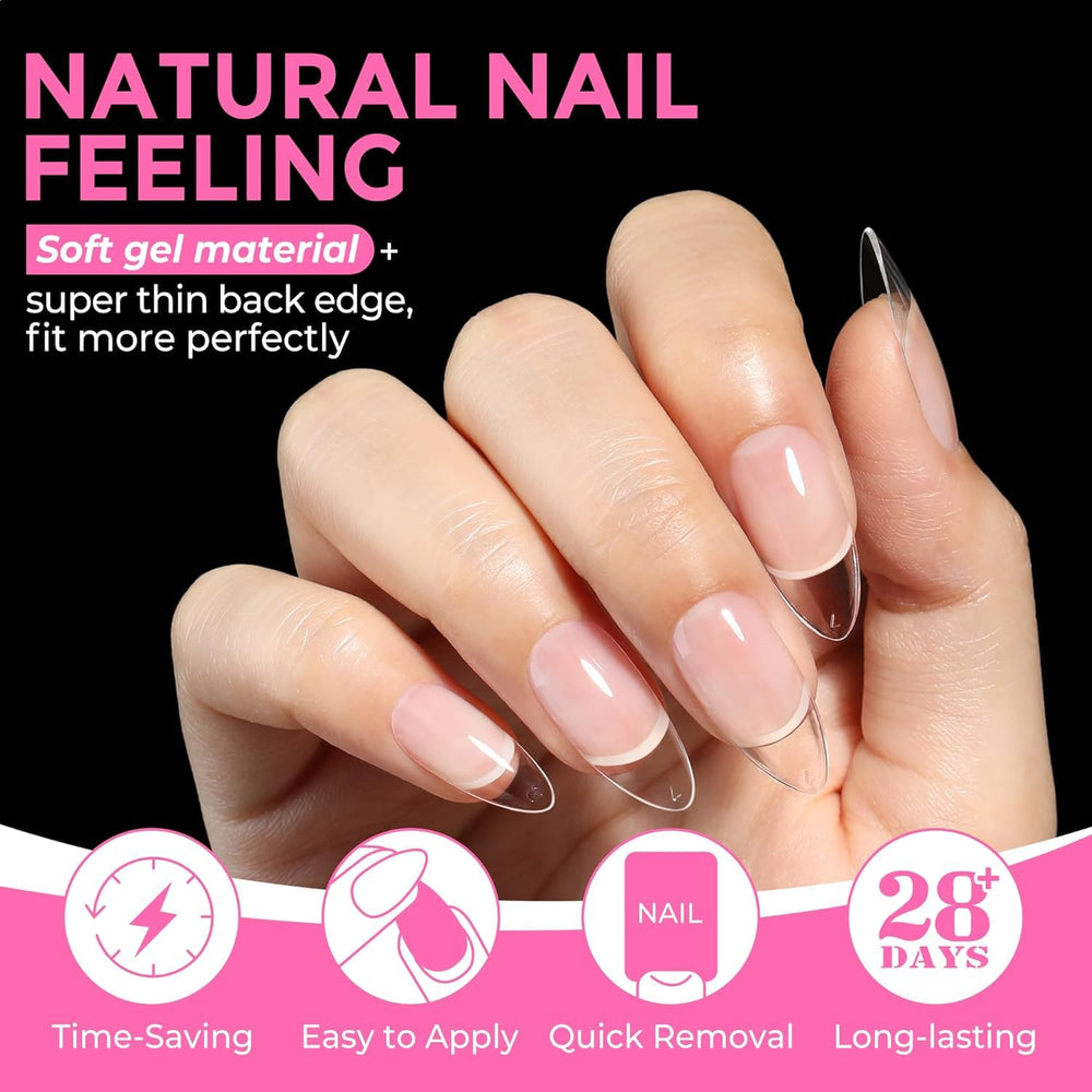 UNA GELLA pointed almond tips arranged to highlight shape and polish readiness