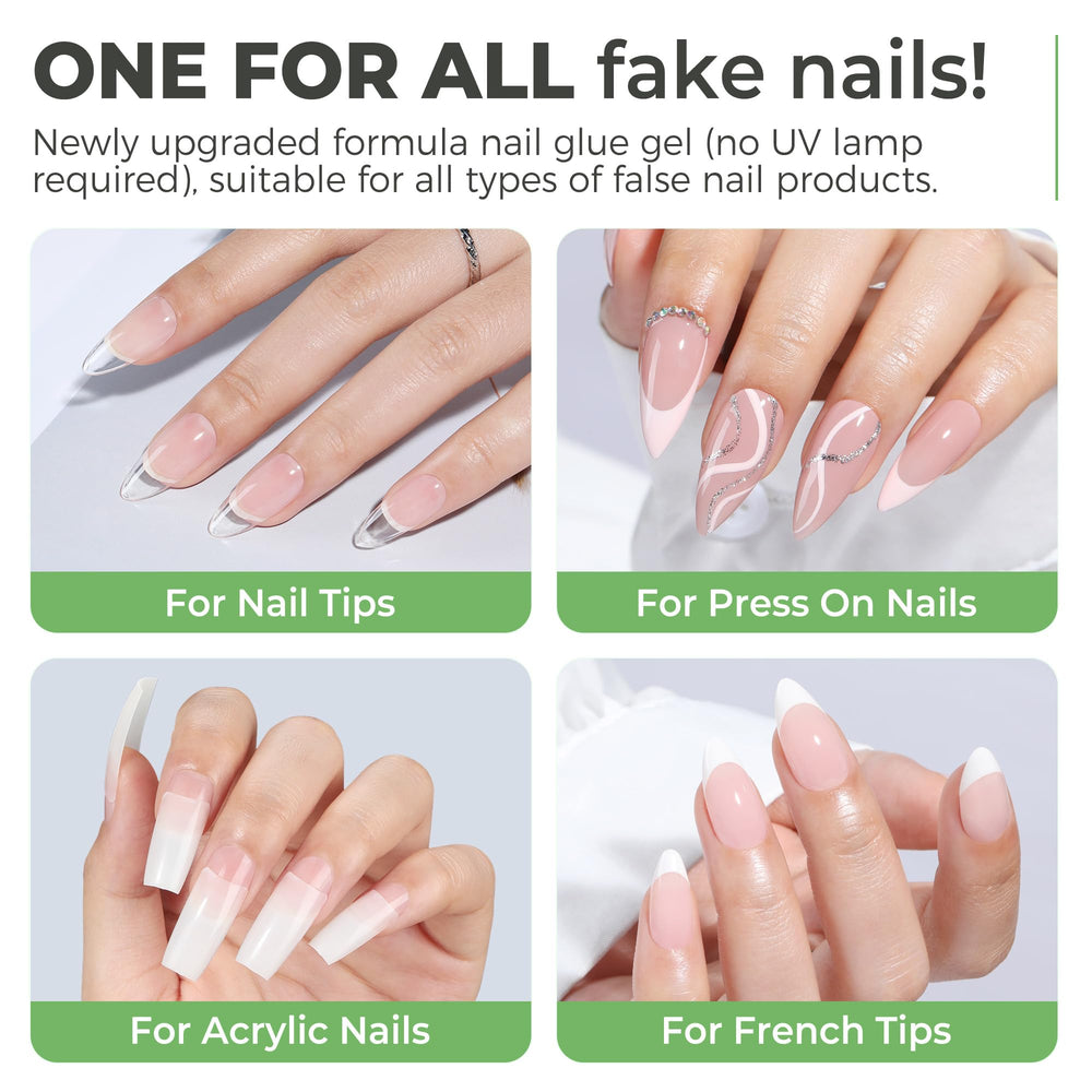 Applying UNA GELLA gel to press-on nails for quick 10s bonding