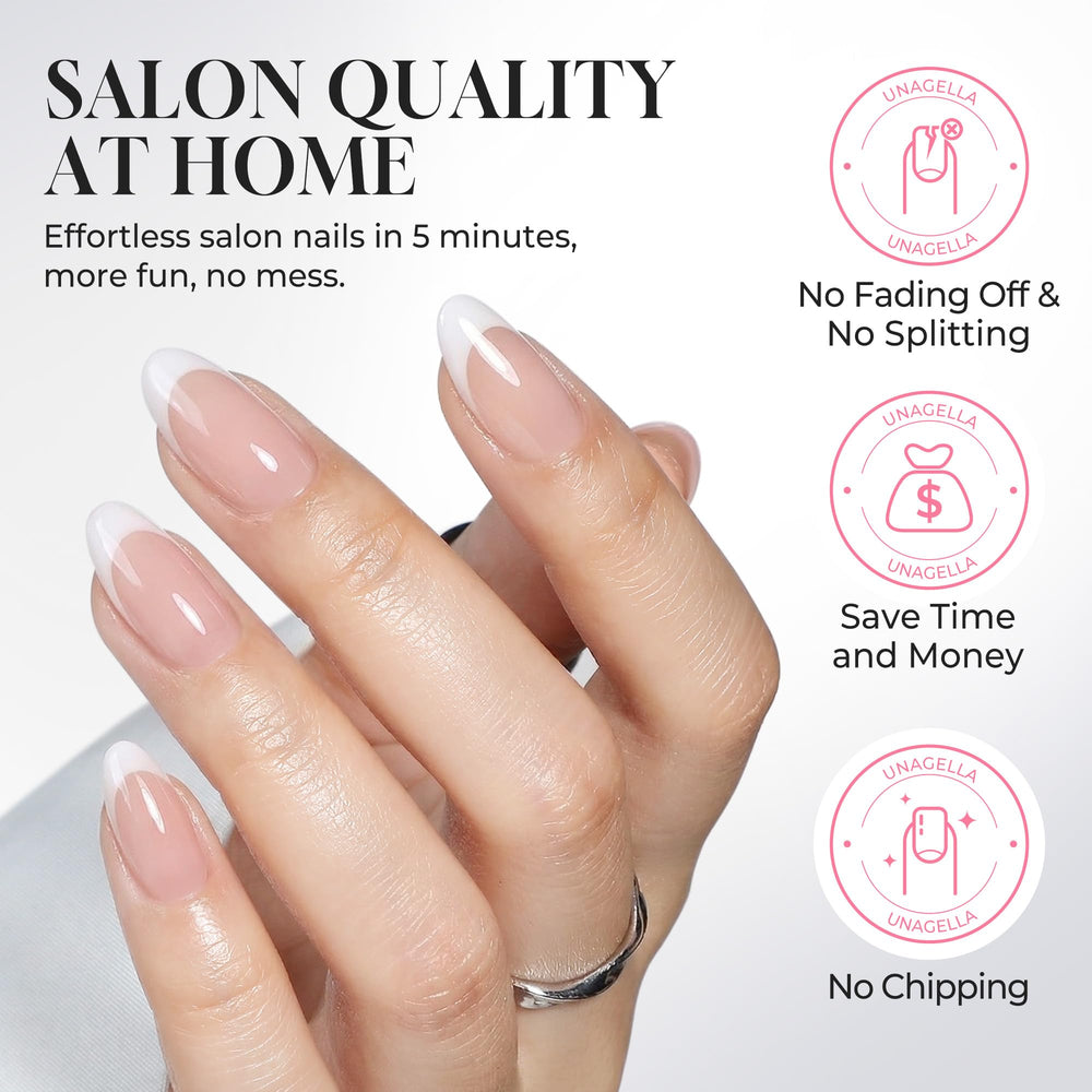 UNA GELLA press-on nail in hand showing scale and realistic fit benefit