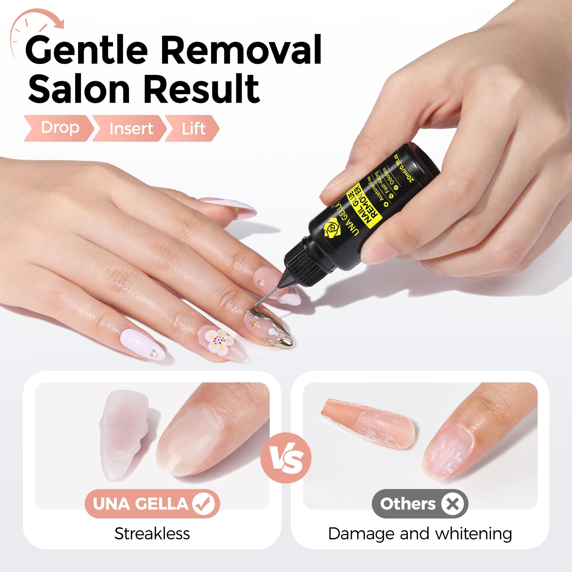 UNA GELLA remover in use lifting press-on nails for gentle, damage-free removal