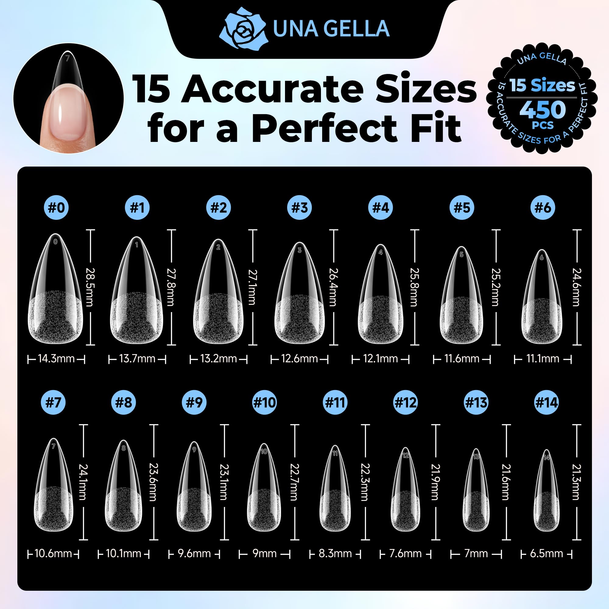 UNA GELLA tip next to finger for scale showing realistic nail length