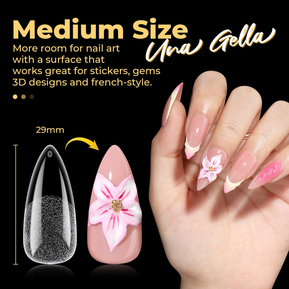 UNA GELLA scale comparison with a fingertip to show actual tip length