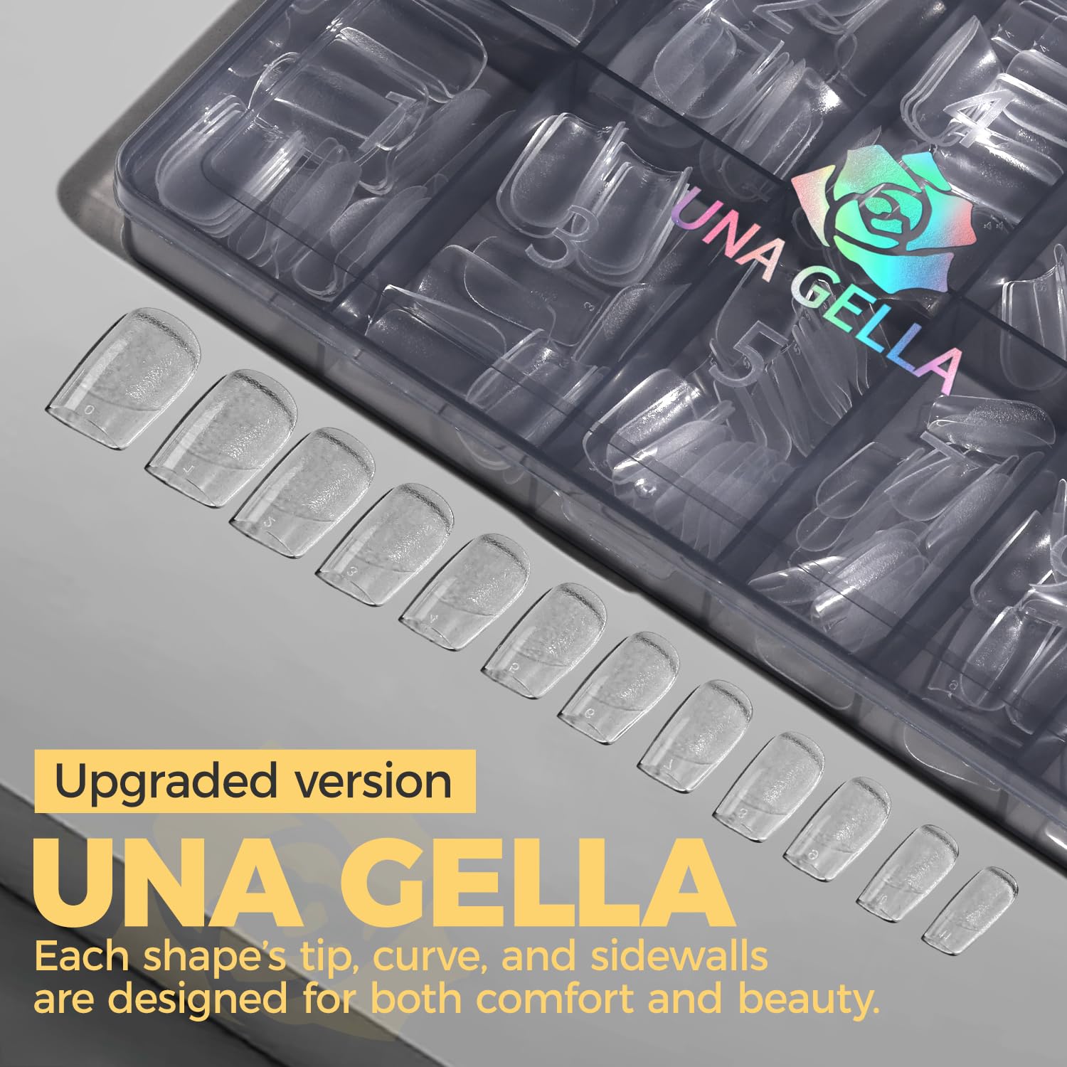 UNA GELLA hand scale comparison highlighting short square length and proportion
