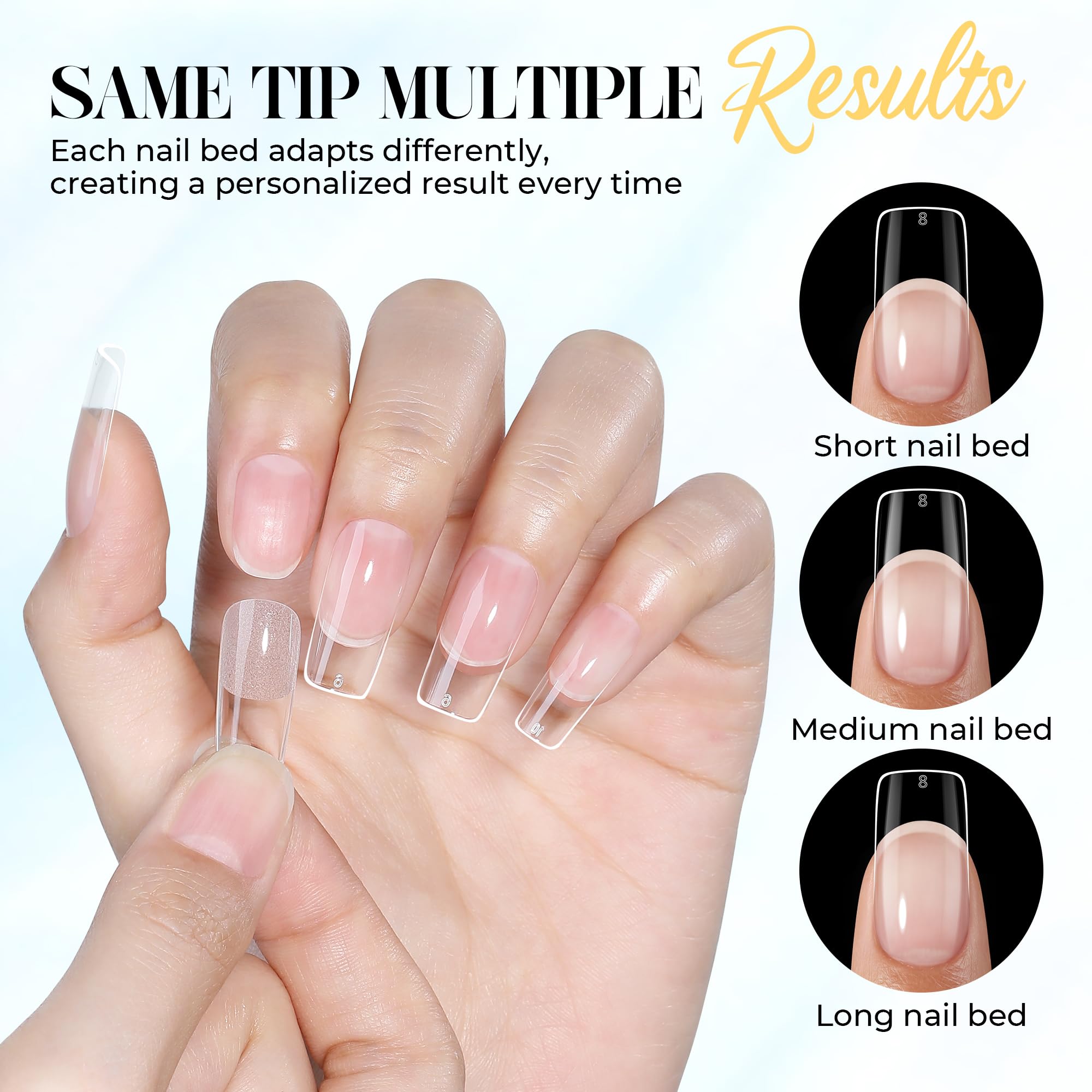 UNA GELLA scale comparison in hand showing tip size and natural-looking fit benefit