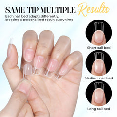 UNA GELLA scale comparison in hand showing tip size and natural-looking fit benefit