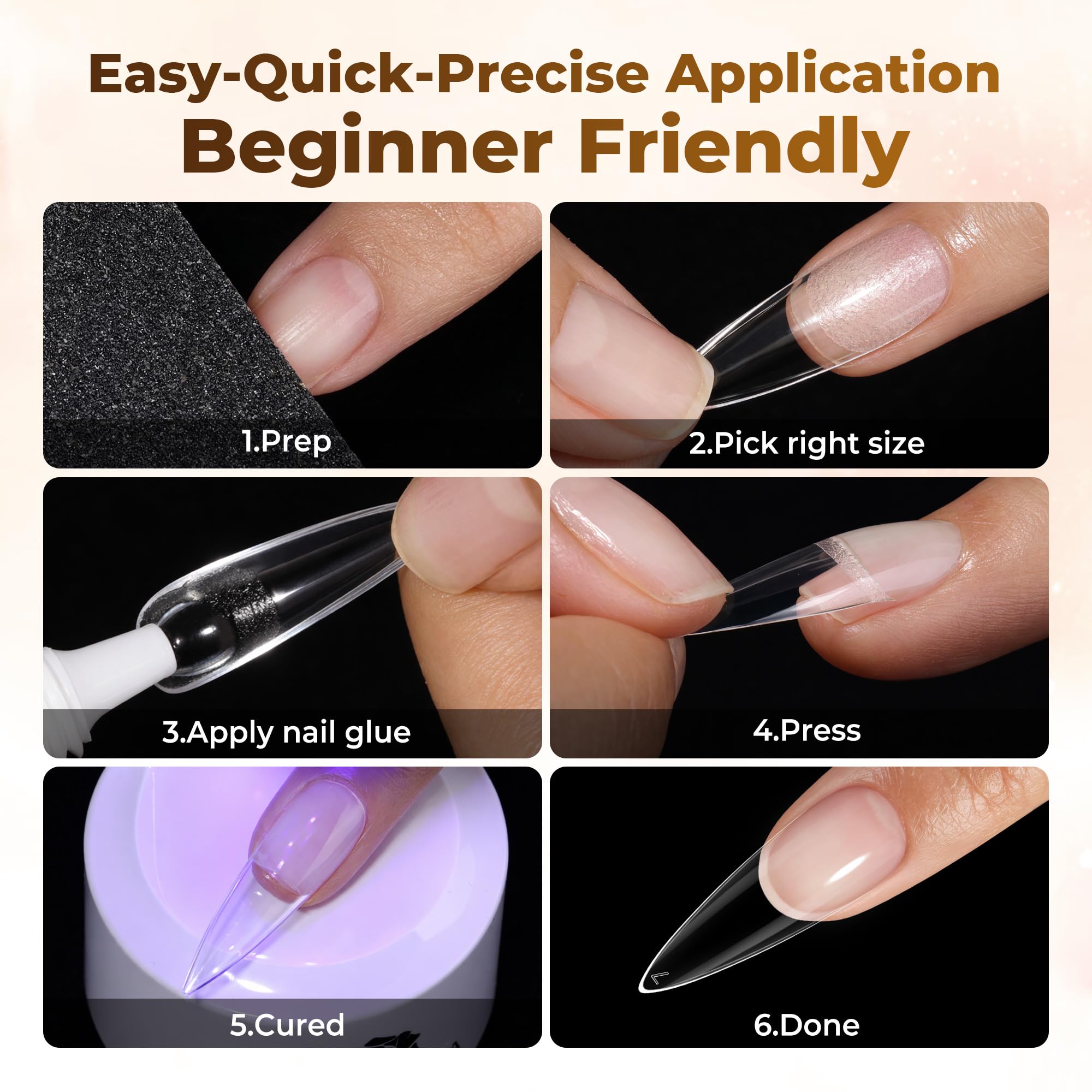 UNA GELLA tips on a hand for size and scale comparison to natural nails
