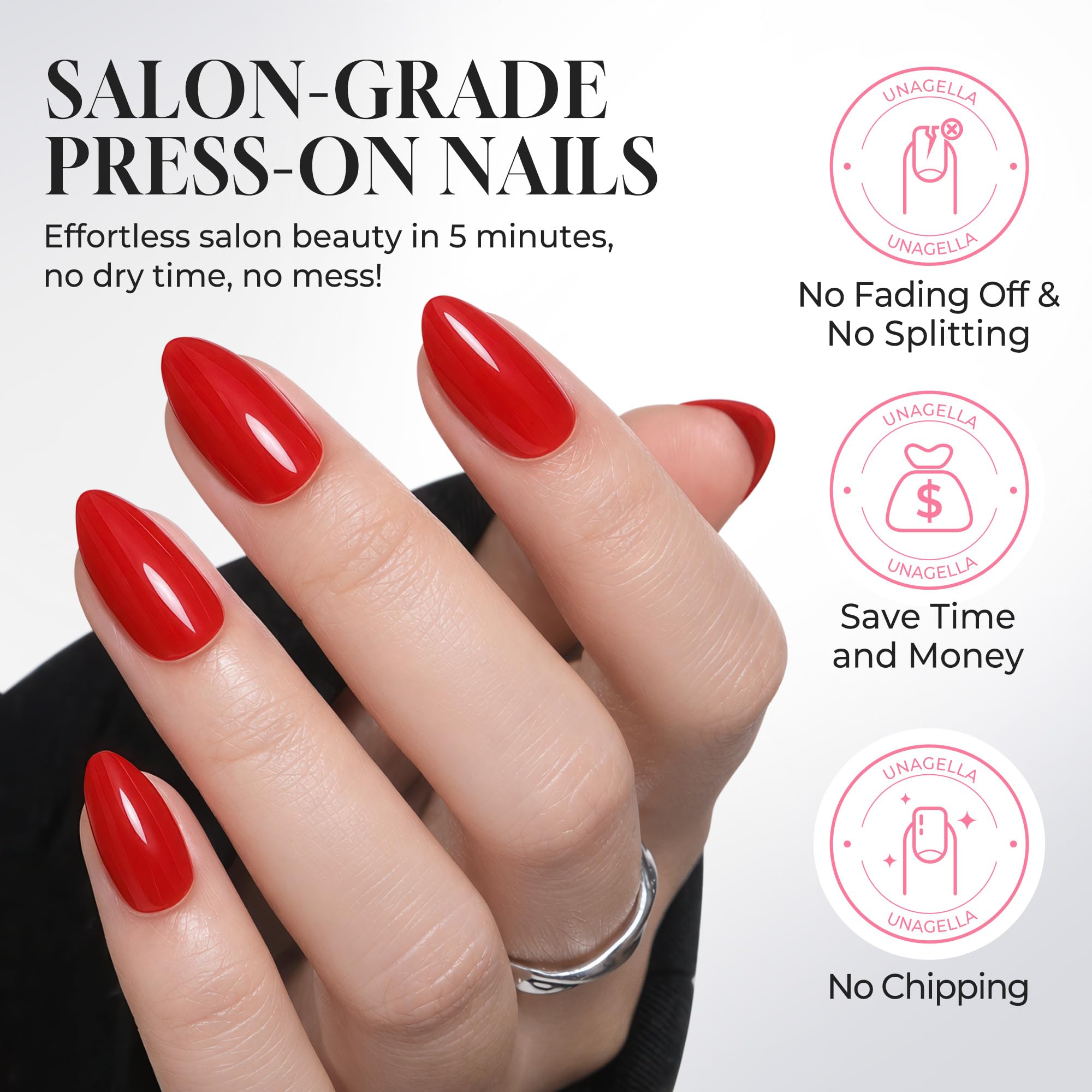 UNA GELLA nails beside natural nails for size and scale comparison to ensure fit