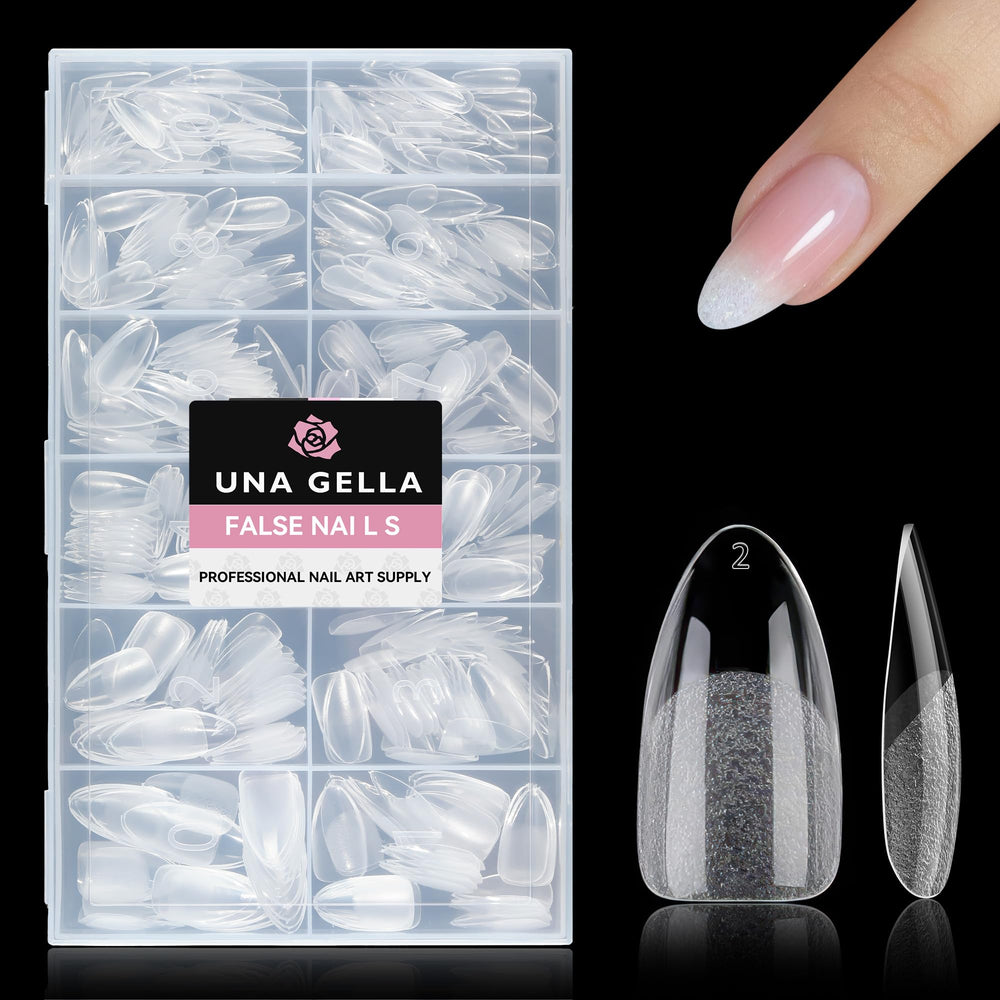 UNA GELLA tips beside fingers showing scale and natural-looking fit