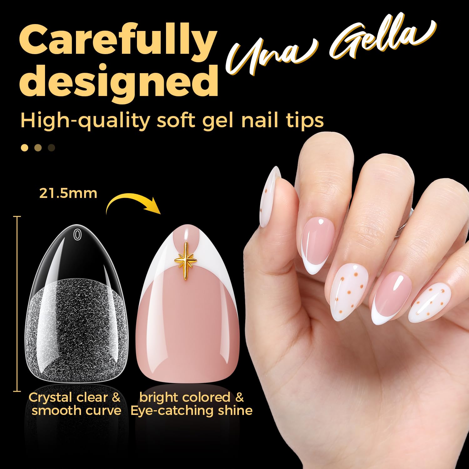 UNA GELLA tips next to ruler showing short length and scale benefit