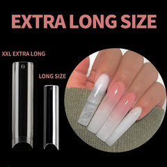 UNA GELLA tips beside ruler showing extra-long scale for dramatic length