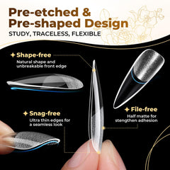 UNA GELLA side profile of long stiletto tip illustrating reinforced edge strength