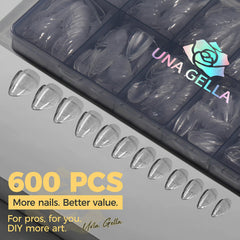 UNA GELLA single almond tip applied on finger for natural fit benefit