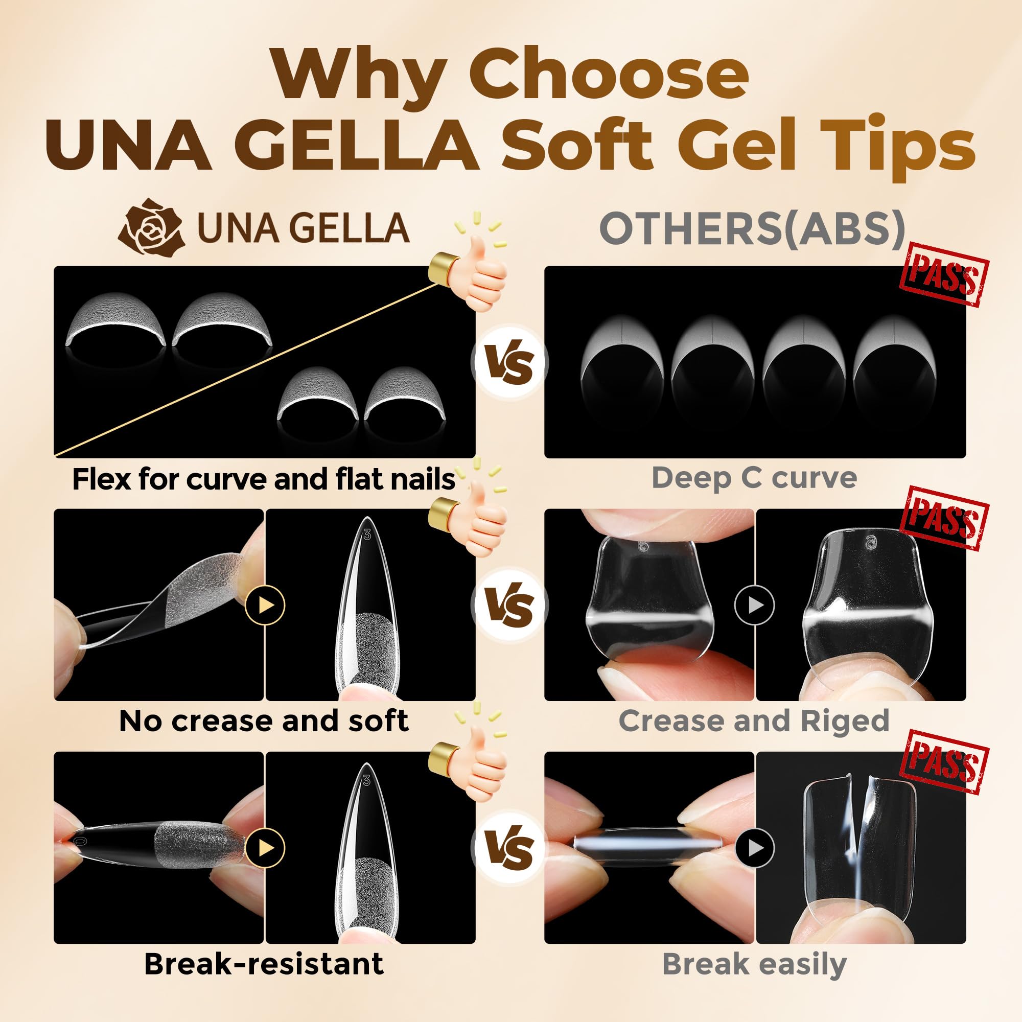 UNA GELLA labeled sizes visible on tips for quick accurate size selection