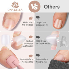 UNA GELLA size-range layout showing 15 sizes for wide-fit customization benefit