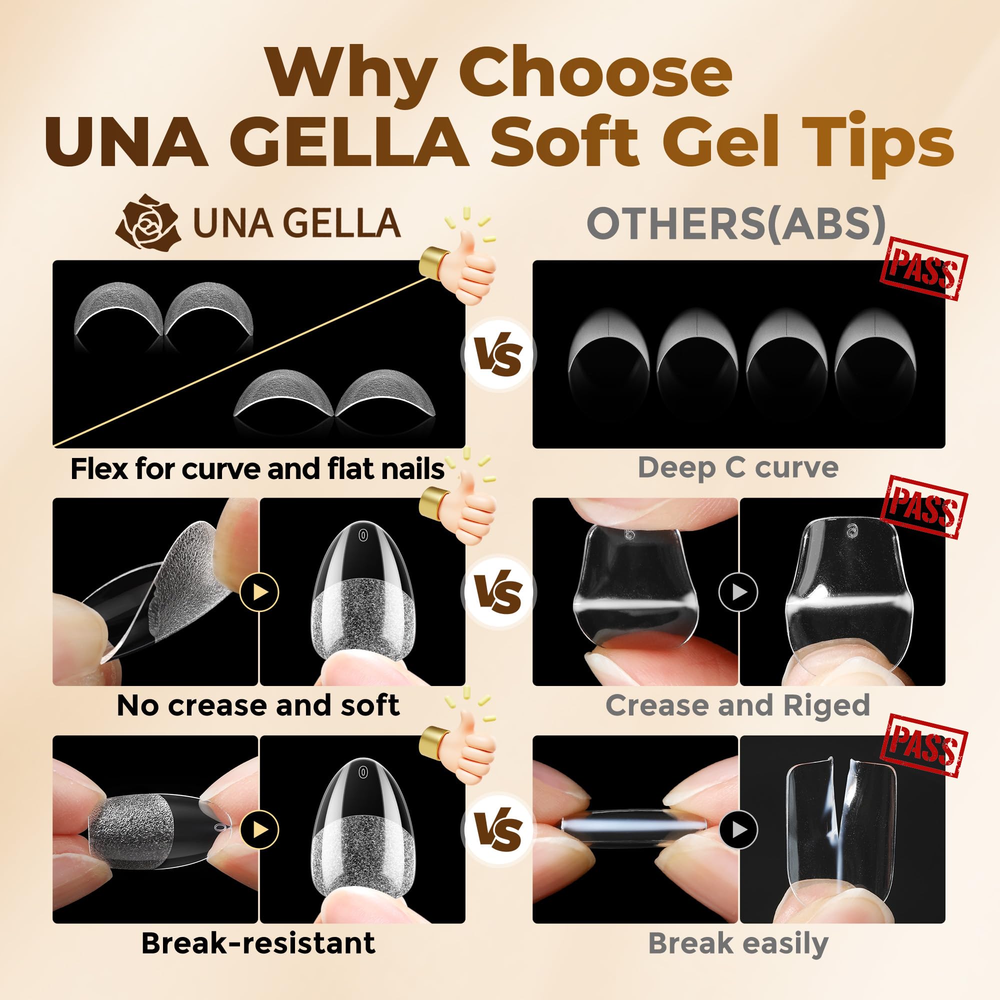 UNA GELLA stacked tips highlighting almond shape and flexibility