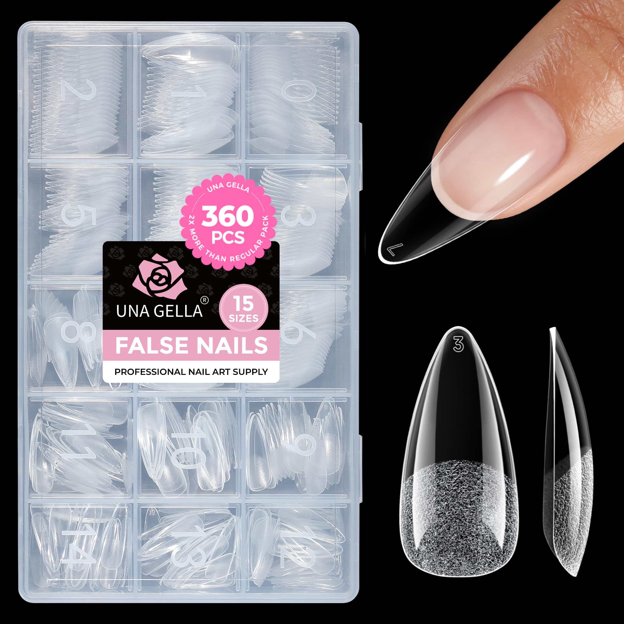 UNA GELLA front packaging showing the 360-piece stiletto set and easy storage