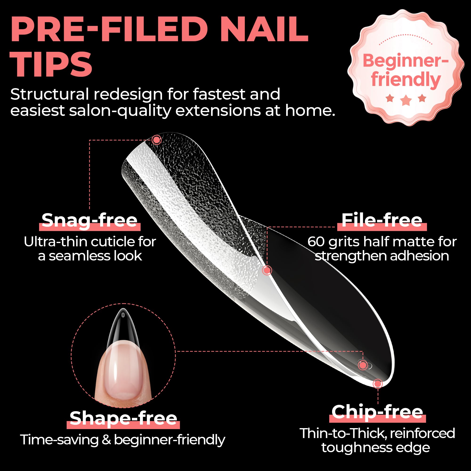 UNA GELLA stiletto tips applied on a model hand showing wearable, natural look