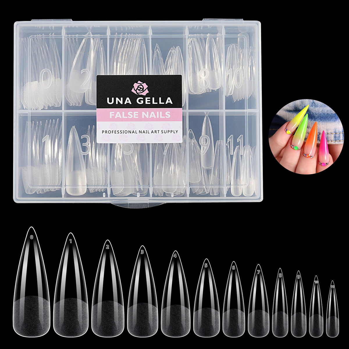 UNA GELLA front packaging showing 120-piece stiletto set and quick selection benefit