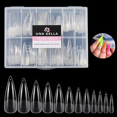 UNA GELLA front packaging showing 120-piece stiletto set and quick selection benefit