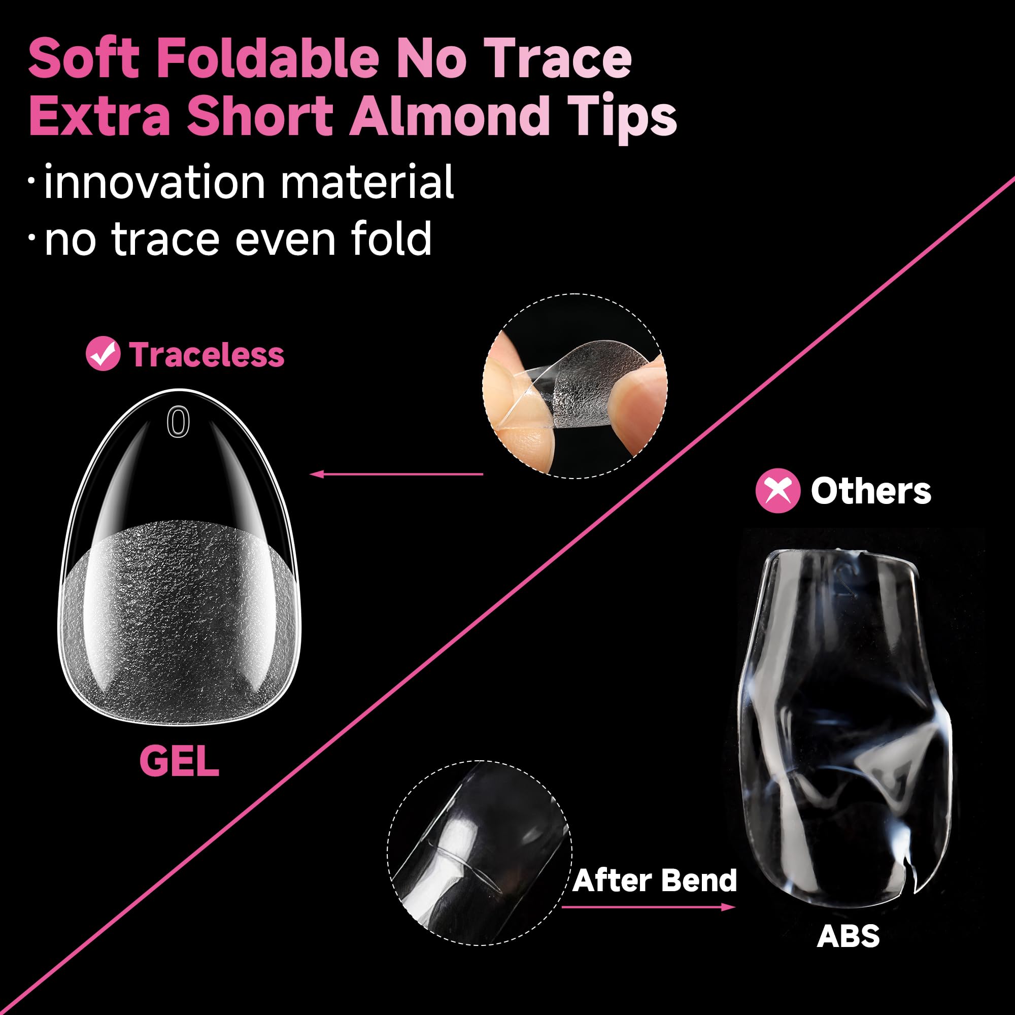 UNA GELLA side profile of short almond tip showing thin back edge for snug fit