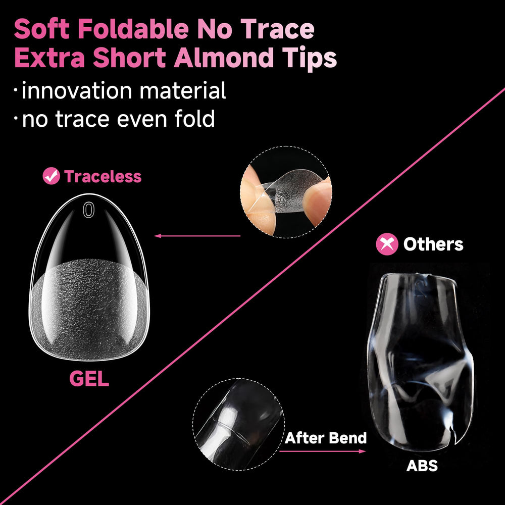 UNA GELLA side profile of short almond tip showing thin back edge for snug fit