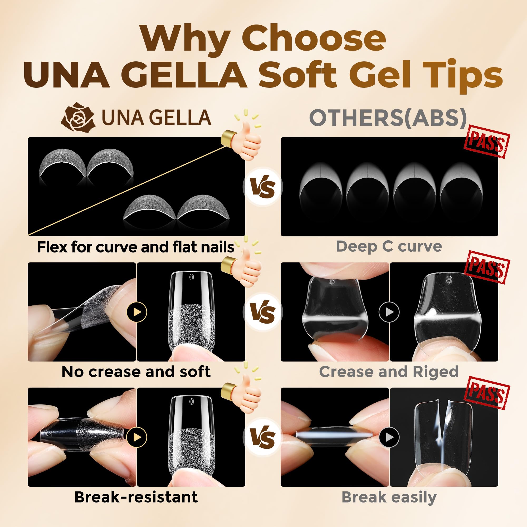 UNA GELLA stacked tips for scale to show quantity and thickness benefits