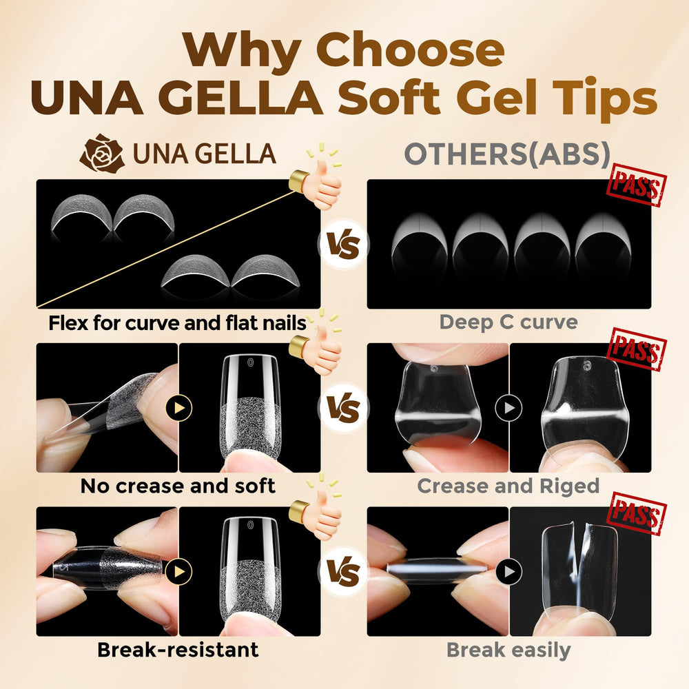 UNA GELLA stacked tips for scale to show quantity and thickness benefits