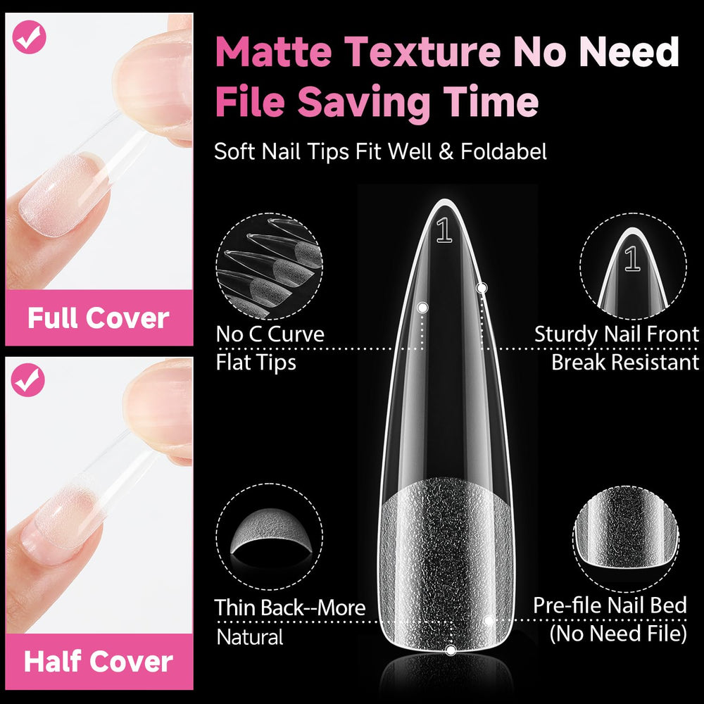 UNA GELLA tips applied as finished stiletto nails showcasing dramatic look