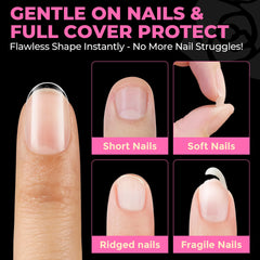 UNA GELLA tips beside a finger for scale to demonstrate extra-short, natural length benefit