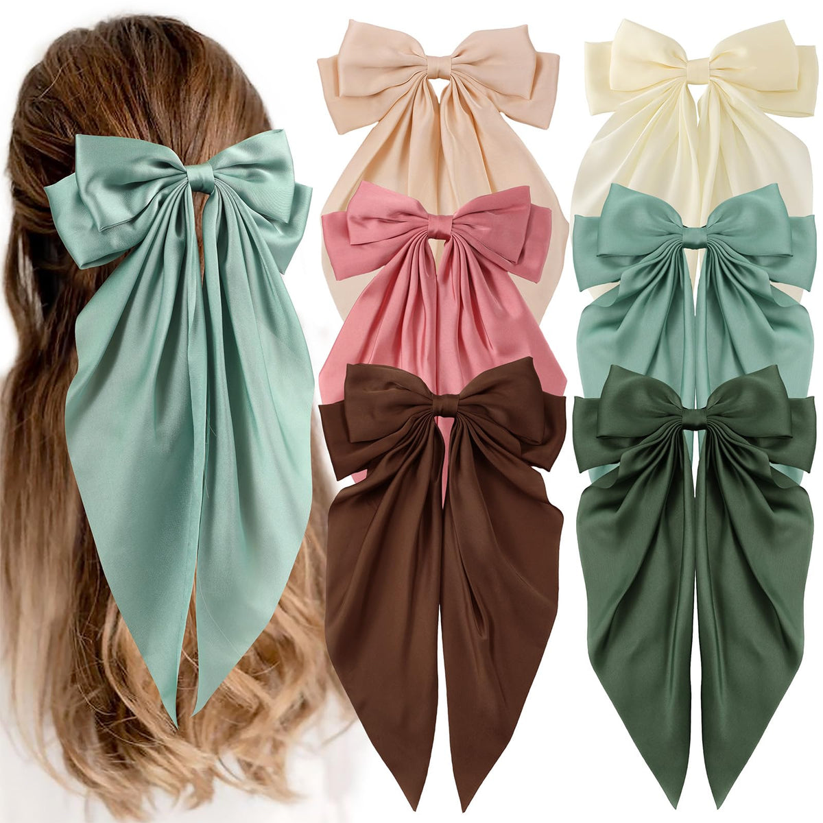 Unbednigt front view of six green bow clips showing coordinated set benefit