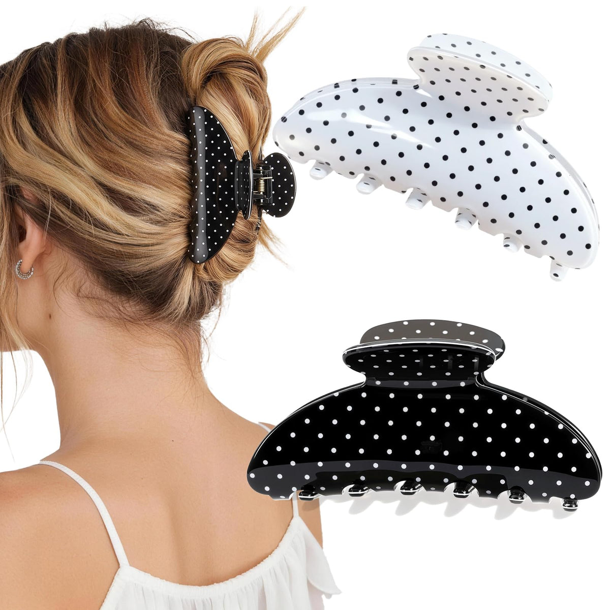 Unbednigt front view of polka dot clips showing design and secure hold