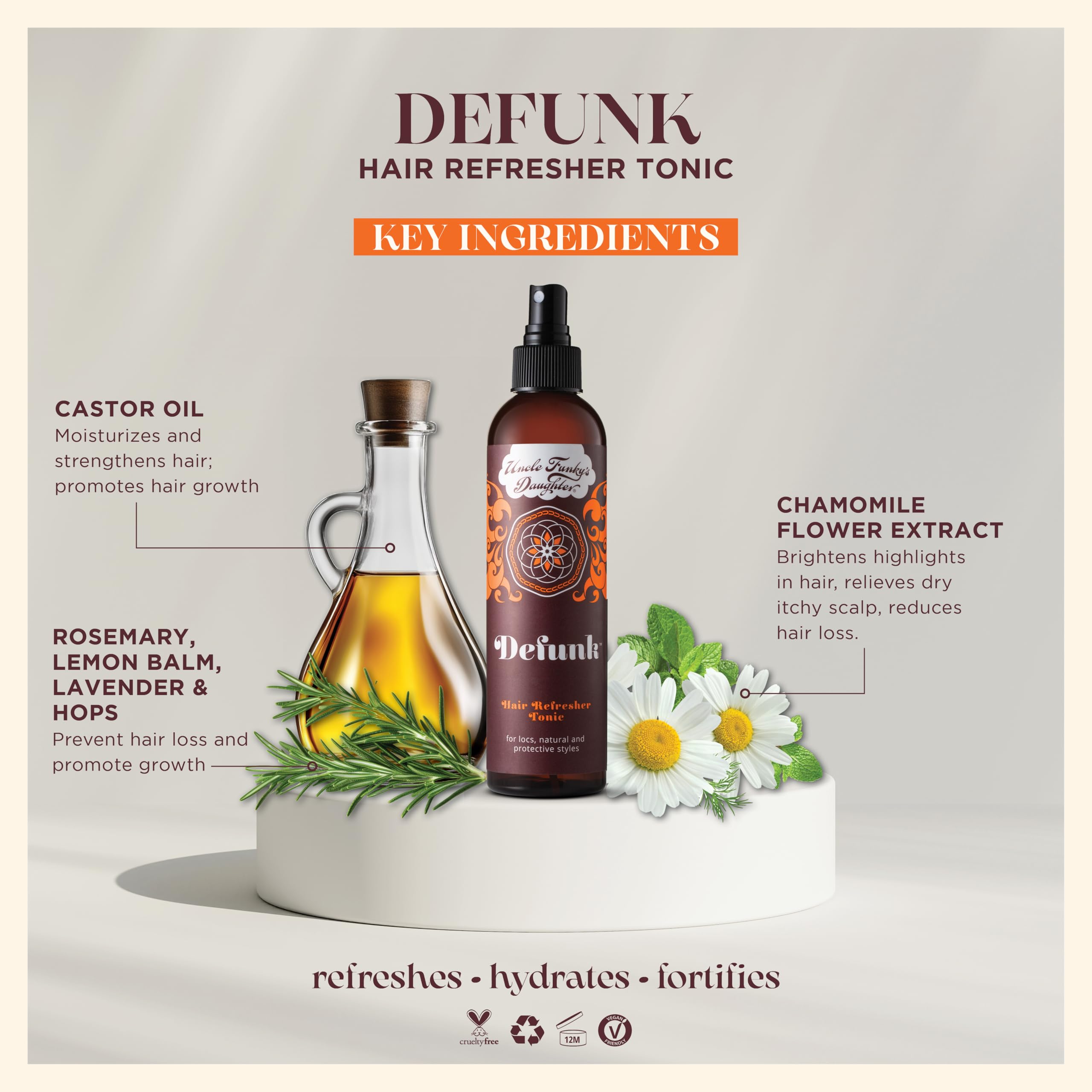 Uncle Funky's Daughter mist on hair strands showing lightweight texture and refresh