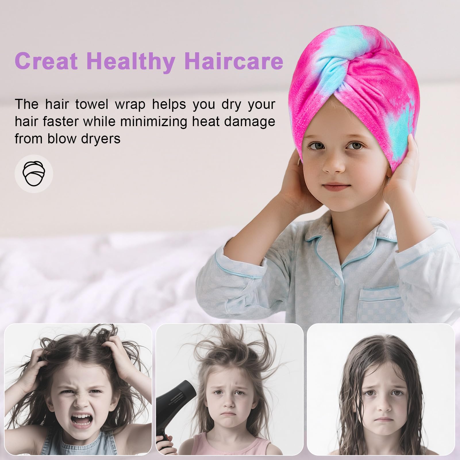 Child wearing Unicorn Castle turban after bath demonstrating hands-free drying benefit
