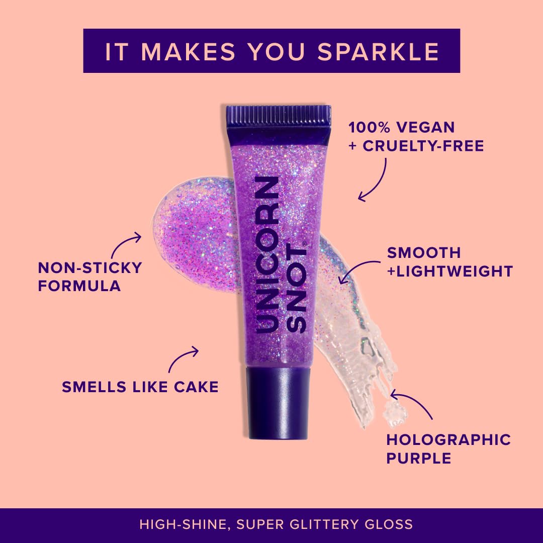 UNICORN SNOT gloss applied on lips showcasing holographic purple shine and plumping effect