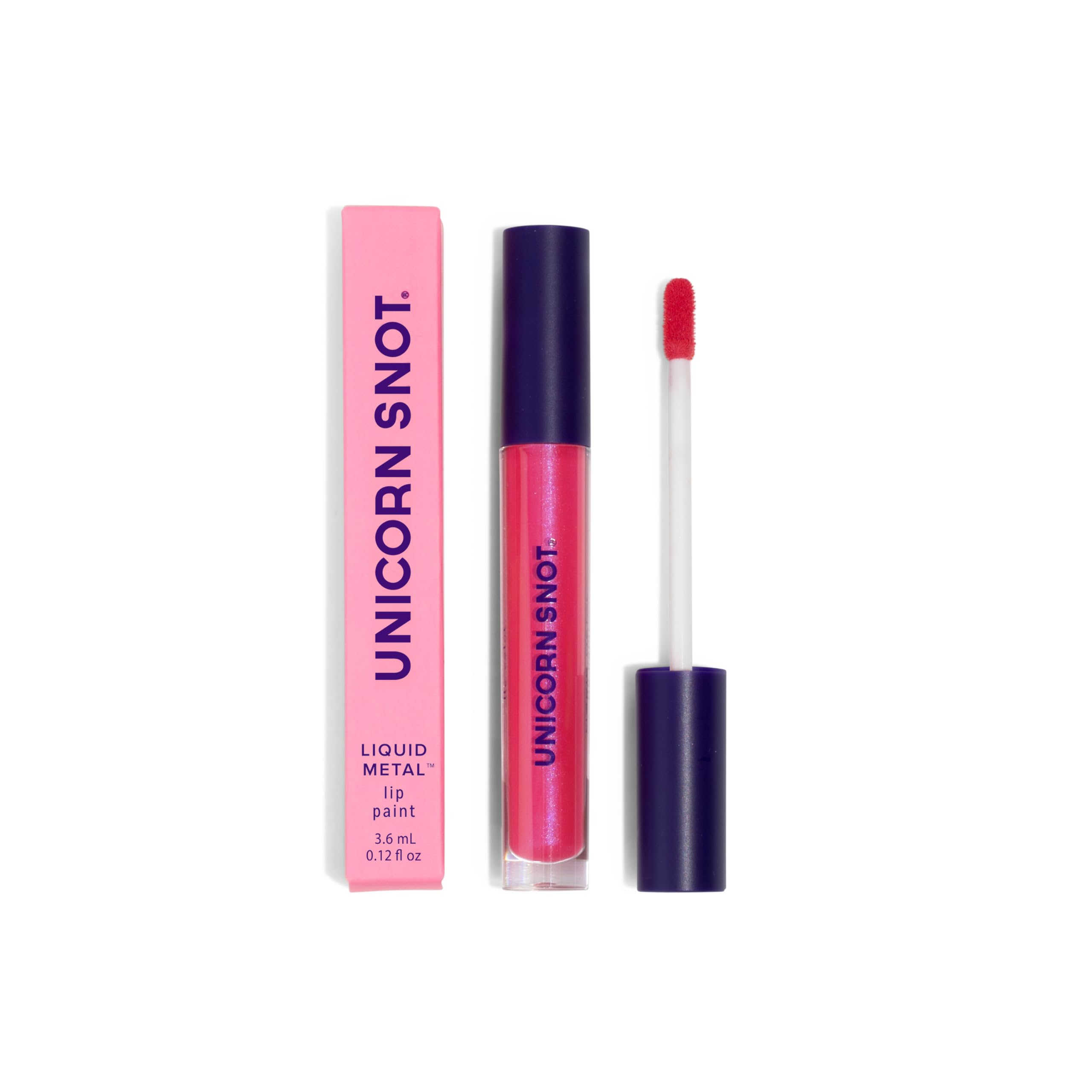 UNICORN SNOT on model lips displaying Alpha Pink metallic finish for photogenic shine