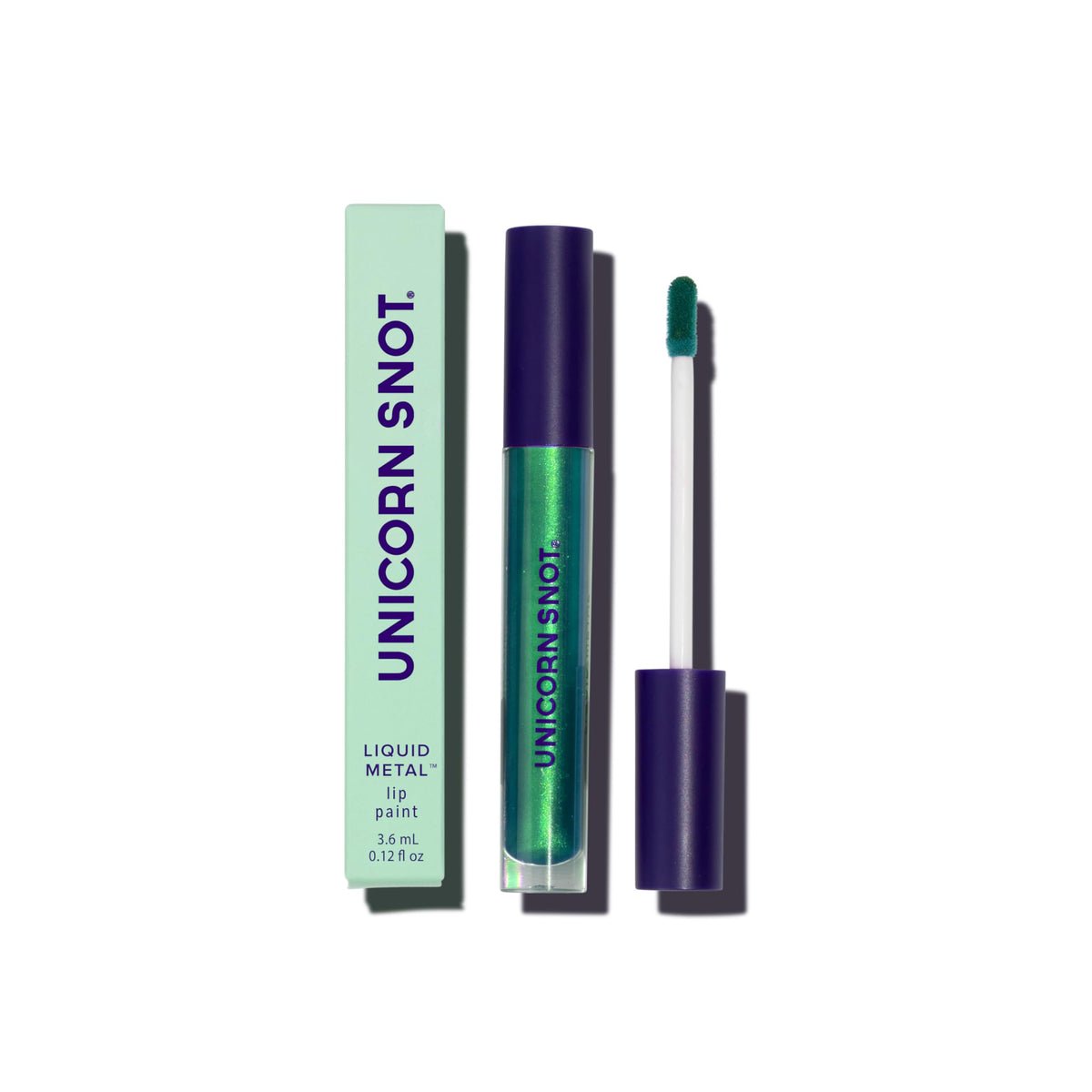 UNICORN SNOT Mist Kelly Green lip paint front shot showing vibrant metallic finish and precise applicator
