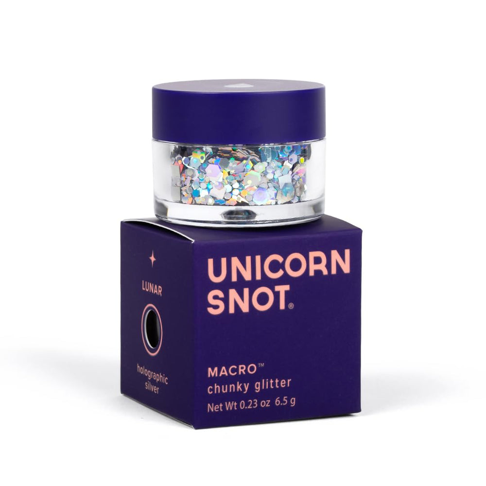 UNICORN SNOT Lunar front packaging showing holographic silver glitter, clear product identification and effect