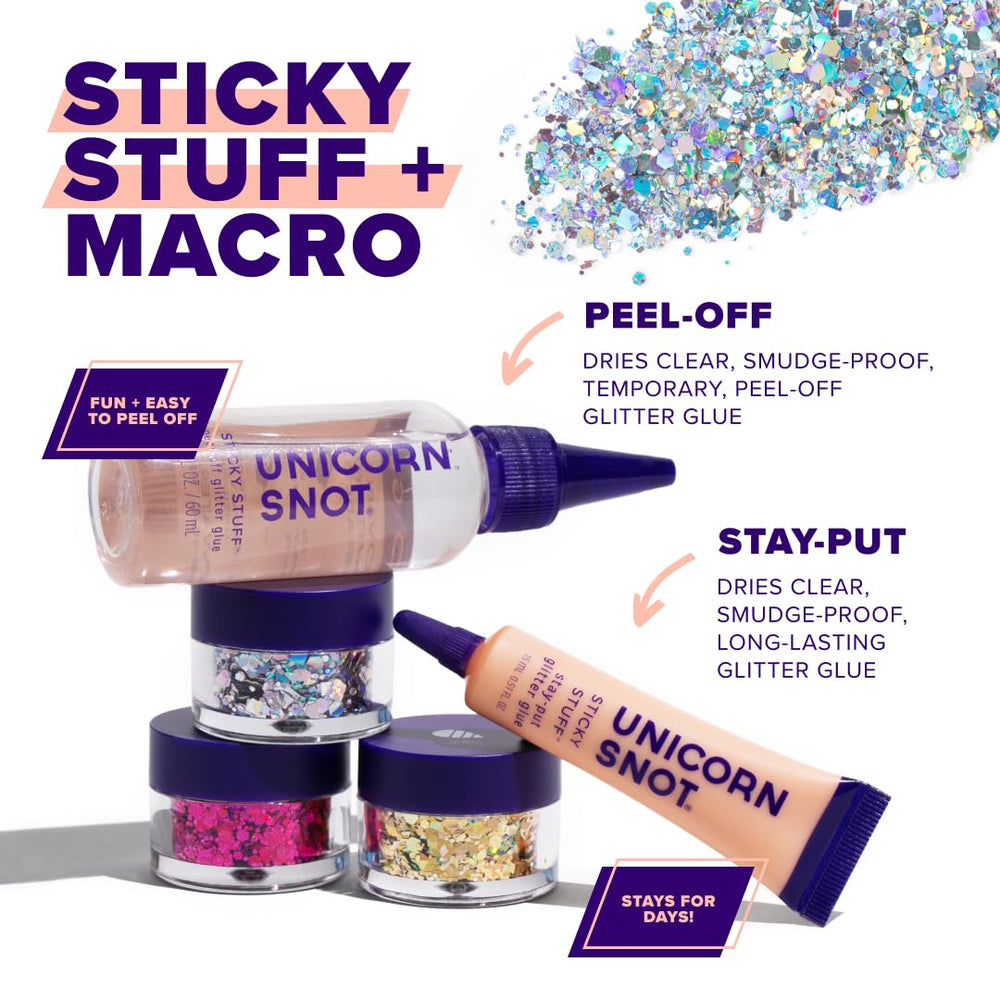 UNICORN SNOT Lunar in hand for size and scale, showing easy-to-use loose glitter jar