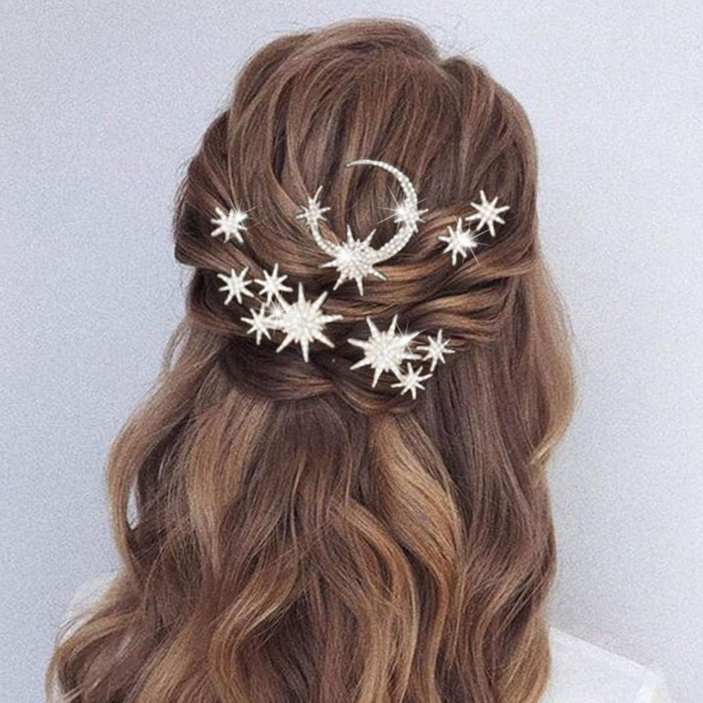 Unicra bride wearing pins in wavy hair showcasing celestial wedding look