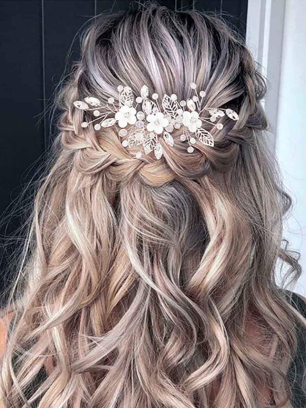 Unicra front view of silver hair vine showing elegant shape and bridal sparkle