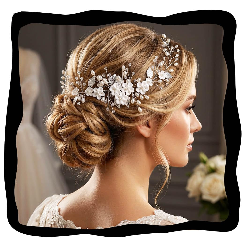Unicra front view of flower hair vine showing elegant silver design and bridal appeal