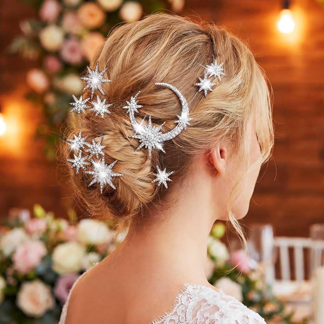 Unicra hair pins placed in an elegant bridal updo for added sparkle