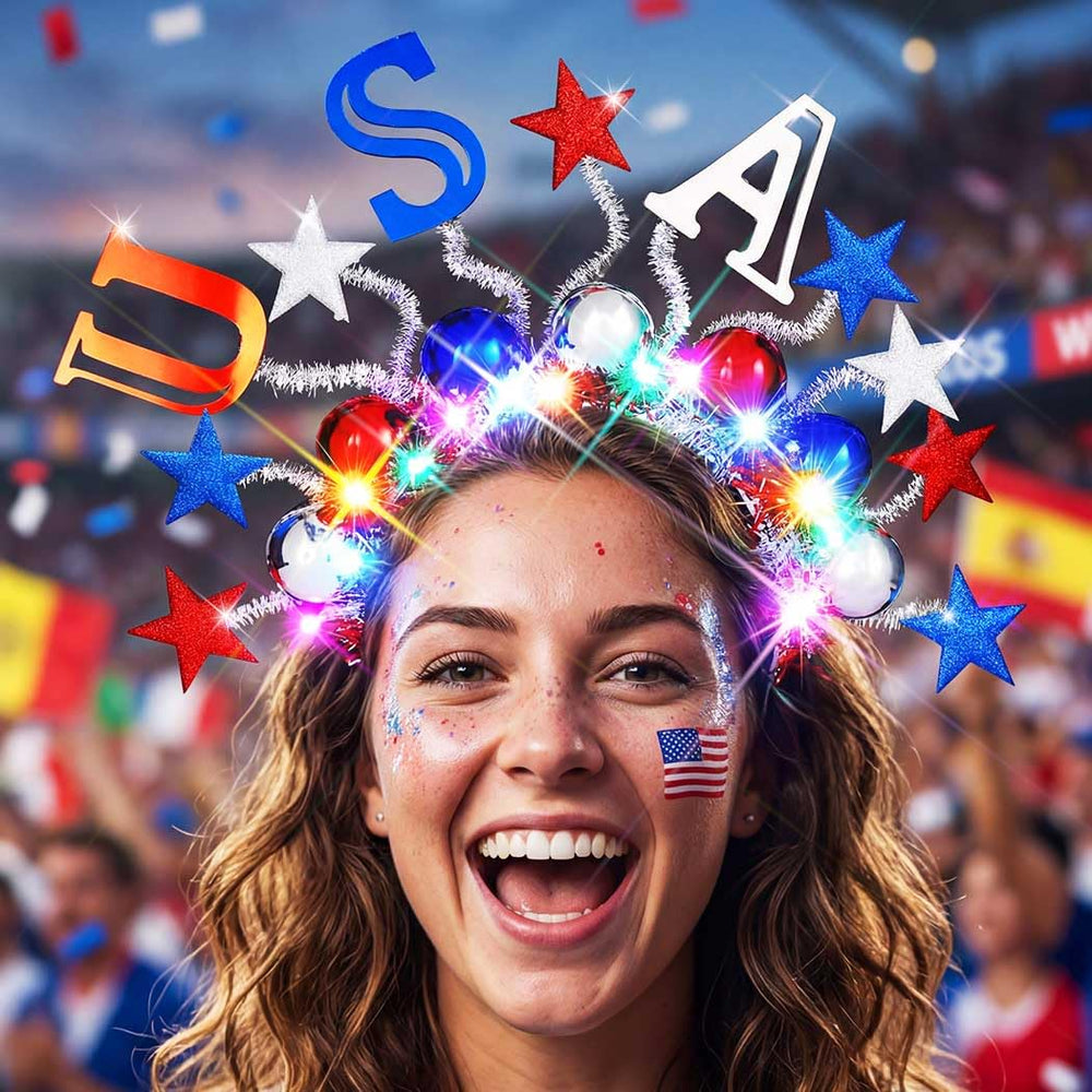 Unicra headband front view showing patriotic design and LED lights benefit visibility
