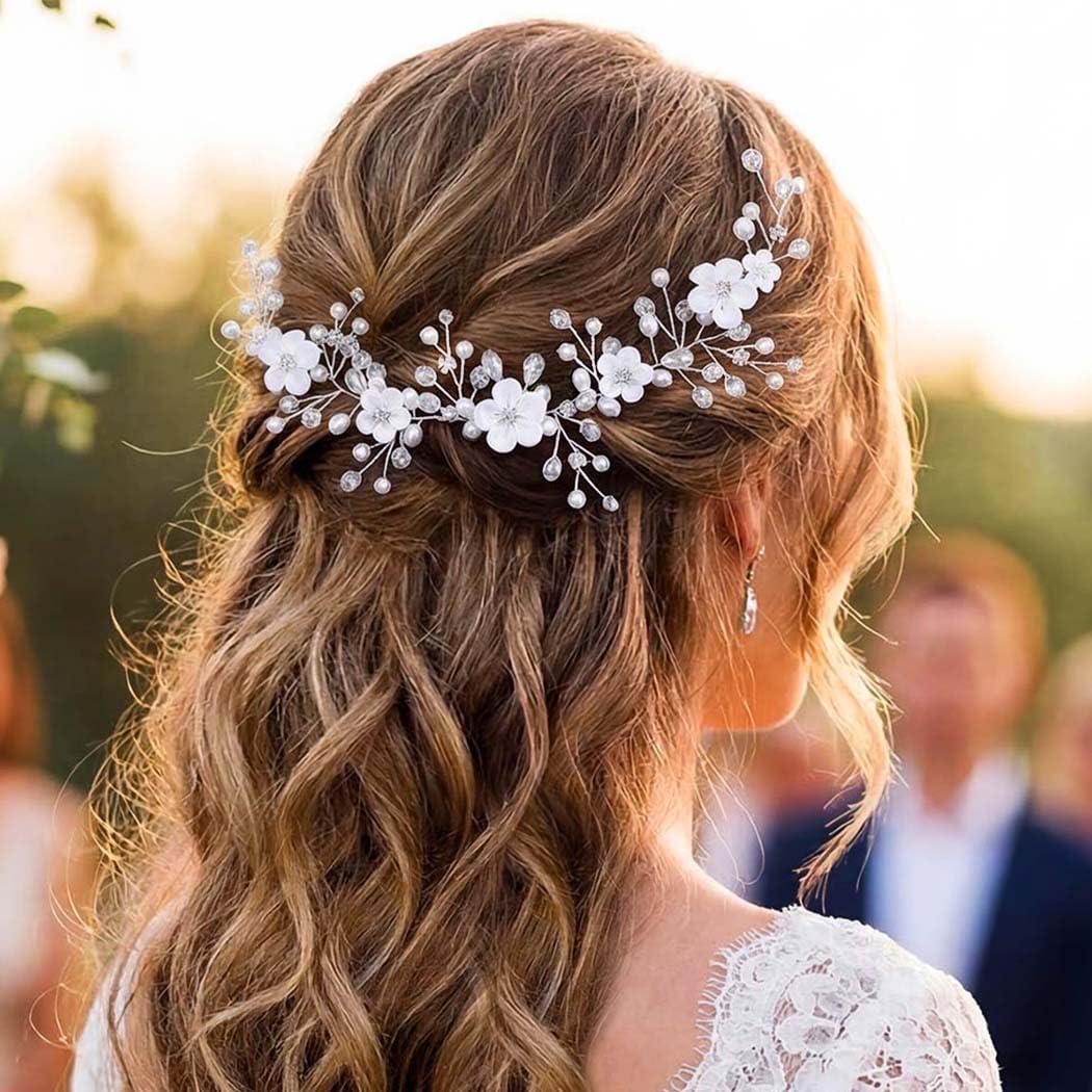 Unicra silver pearl hair vine front view showing delicate pearls and flowers