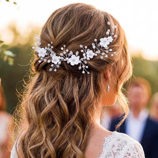 Unicra silver pearl hair vine front view showing delicate pearls and flowers