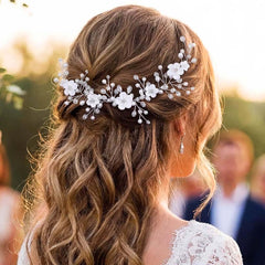 Unicra silver pearl hair vine front view showing delicate pearls and flowers