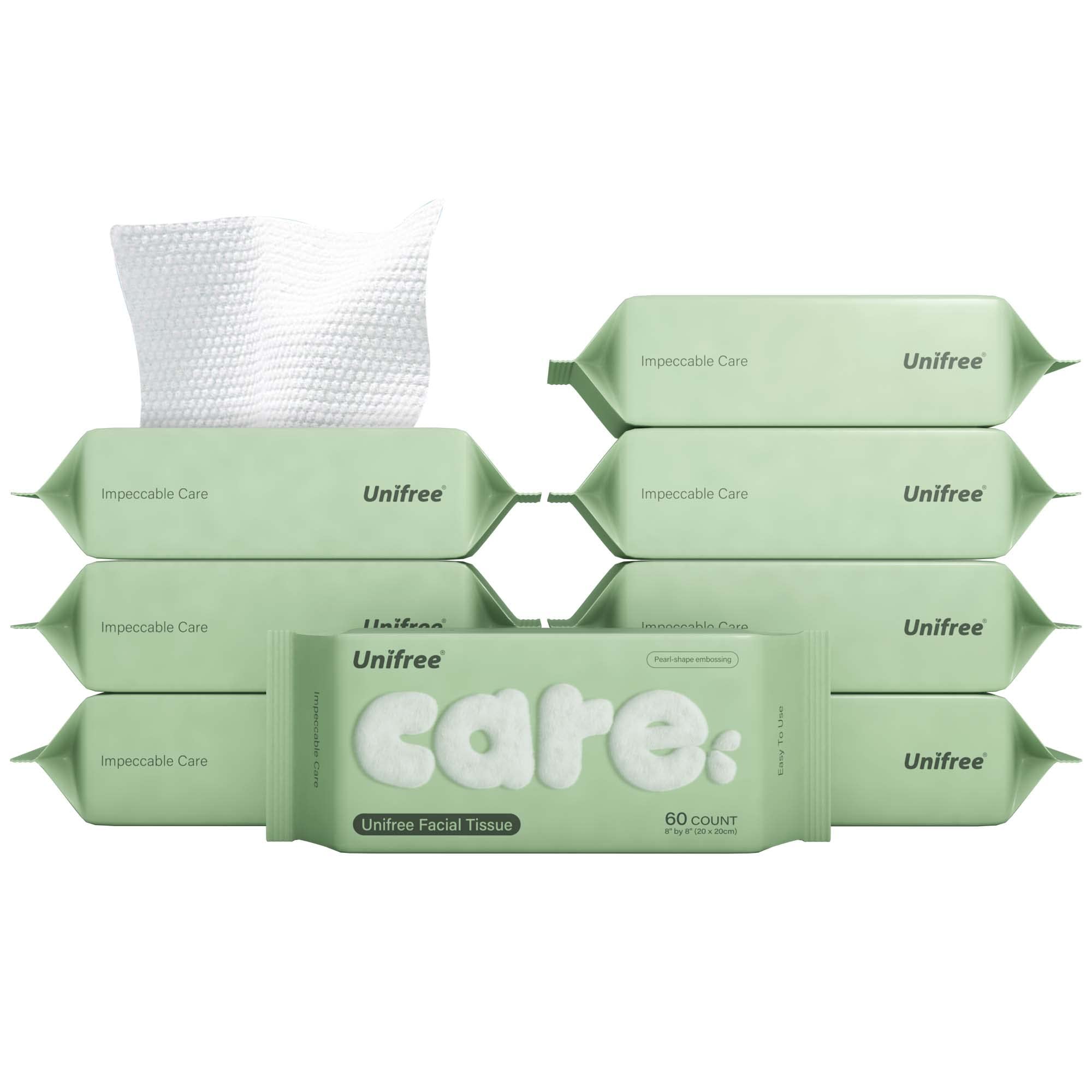 UNIFREE front packaging showing eight portable tissue packs and count
