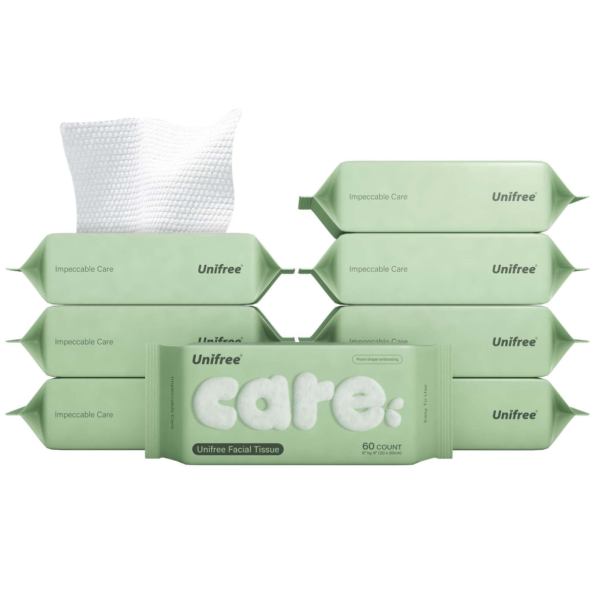 UNIFREE front packaging showing eight portable tissue packs and count